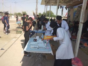 Read more about the article كلية التمريض/ جامعة كربلاء تقدم خدمات تمريضية وصحية يذكرى استشهاد النبي محمد (ص).