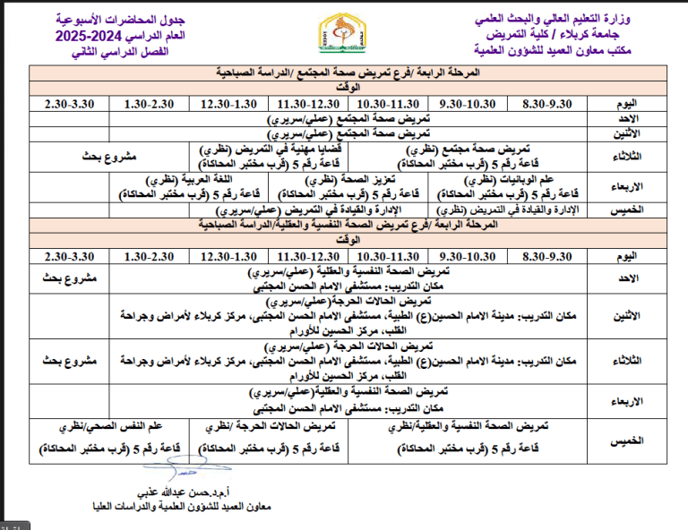 جدول المحاضرات الاسبوعي للفصل الدراسي الثاني للعام الدراسي ٢٠٢٤ ـ٢٠٢٥ الدراسة الصباحية