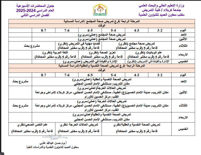 جدول المحاضرات الاسبوعي للفصل الدراسي الثاني للعام الدراسي ٢٠٢٤ ـ٢٠٢٥ الدراسة المسائية